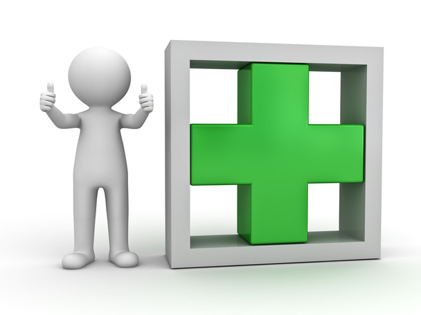 3d man showing thumbs up with green plus sign - Photo, Image