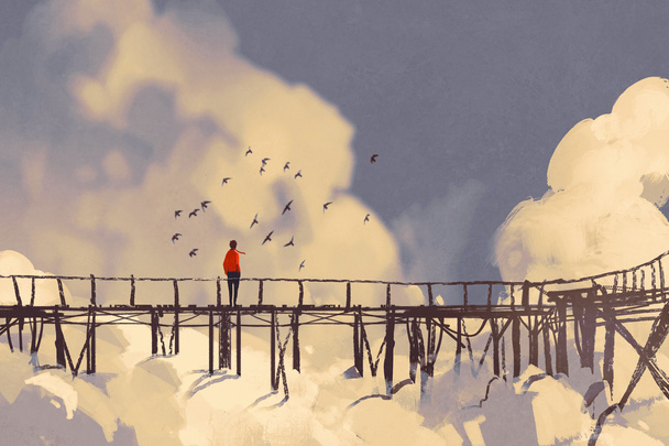 uomo in piedi su un vecchio ponte tra le nuvole
 - Foto, immagini