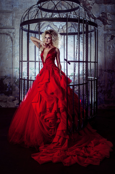 Fashion blonde in red dress with fluffy skirt near the birdcage, concept of liberation - Фото, зображення