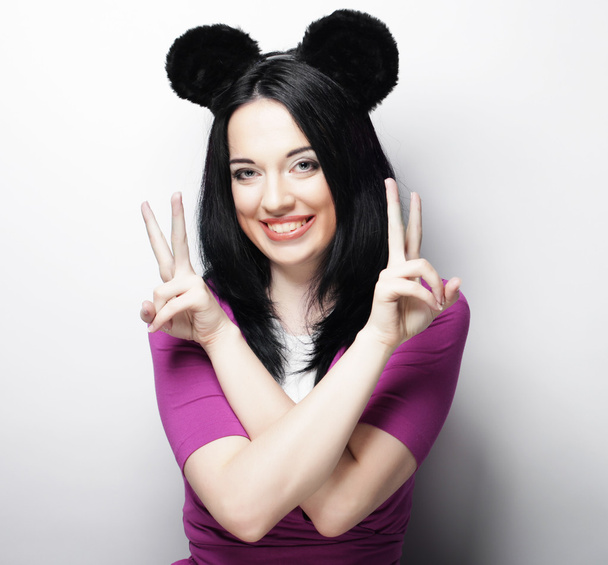 Surprised funny young woman with mouse ears - Φωτογραφία, εικόνα