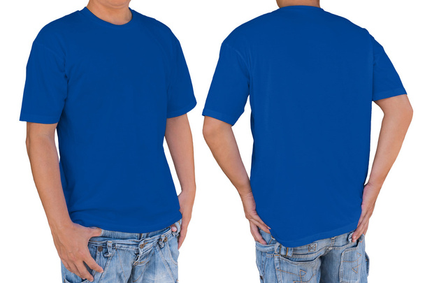 Man wearing blank dark blue t-shirt with clipping path, front an - Photo, Image