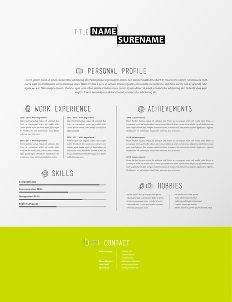 Creative simple cv template with green stripe in footer. - Vector, Image
