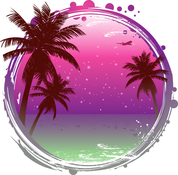 Abstract tropical sunset background with palm trees and tranquil ocean - Vector, Image