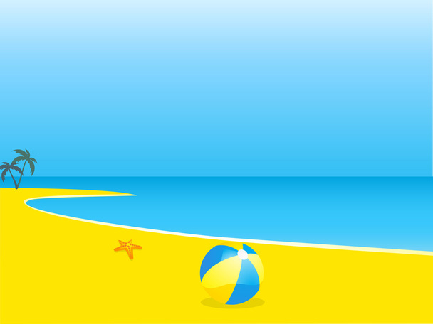Holiday beach scene with palm trees, starfish and beachball - Vetor, Imagem