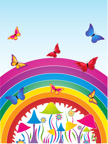 Abstract fantasy background with colourful butterflies, rainbow, mushrooms and flowers - Vector, Image
