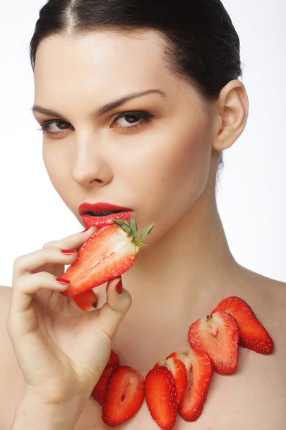 woman with strawberry on the white background - Zdjęcie, obraz