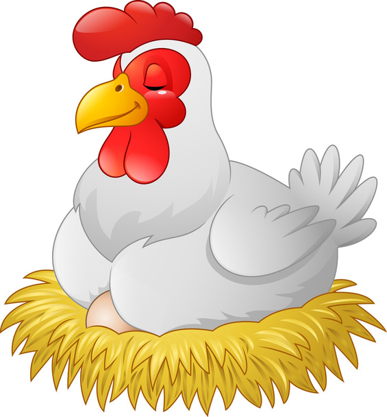 Sarjakuva kana hautominen hänen munat pesä olki
 - Vektori, kuva