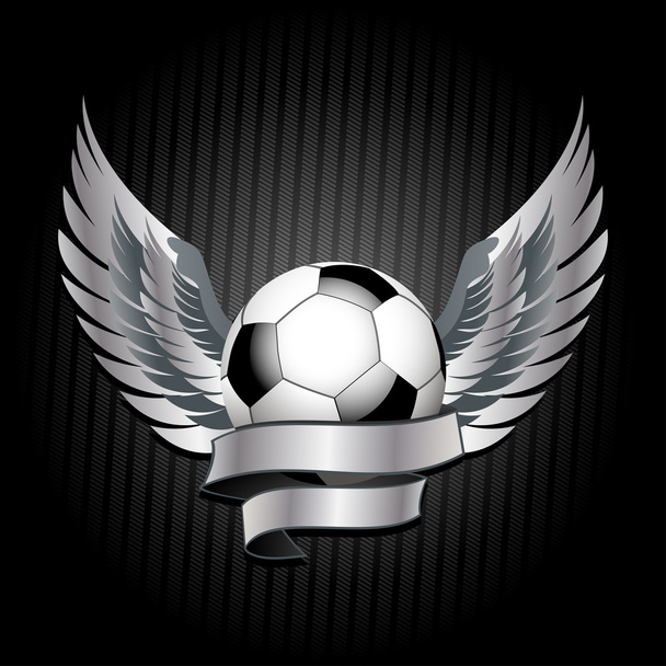 błyszczący piłki nożnej z transparent i skrzydła na tle czarne tekstury - Wektor, obraz