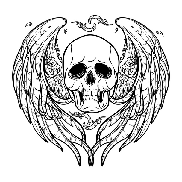 Skull with wings. Black and white. Isolated - Vector, Image