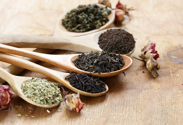 various types of tea in a wooden spoon - Photo, Image