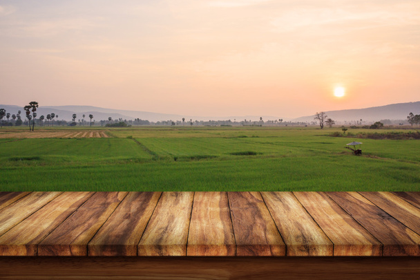 houten bureau ruimte en rijst veld achtergrond. - Foto, afbeelding