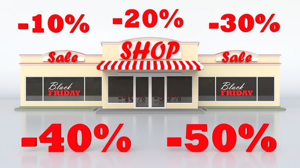 A typical American grocery store. The sale of goods. Sign black Friday. White isolated background. Large letters discounts of 10, 20, 30, 40 and 50 percent. 3d illustration. - Photo, Image