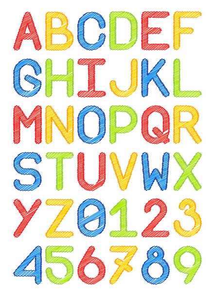 english font typeface capital letters and numbers pencil lines colorful red yellow blue green vector illustration - Vetor, Imagem