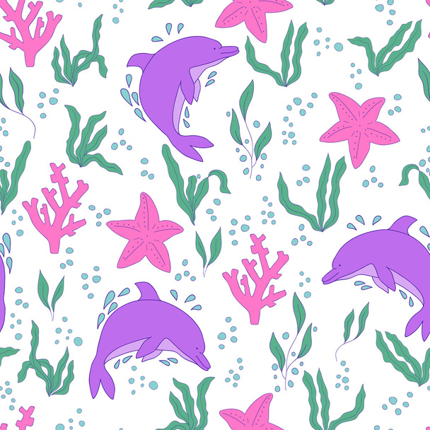 Vector seamless pattern. Hand-drawn doodle set of sea life - Vector, Image