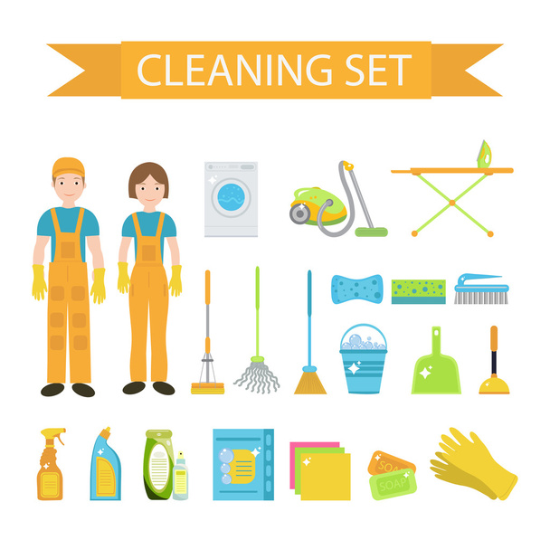 Set pictogrammen voor reinigingsgereedschappen. Schoonmaakpersoneel. Platte stijl. Ontwerpelementen schoonmaken. Vectorillustratie - Vector, afbeelding