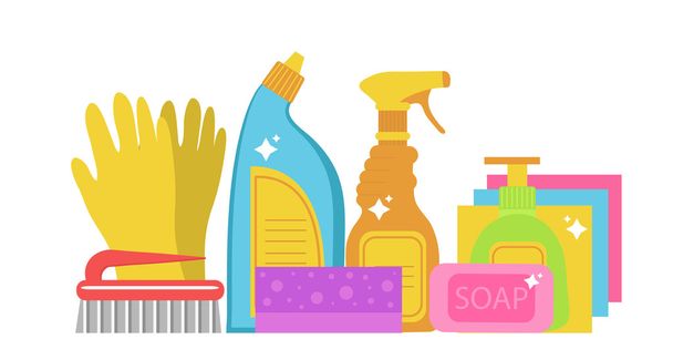 Reinigungsmittel, Reinigungswerkzeuge Set. Haushaltschemikalien. Vektorillustration - Vektor, Bild