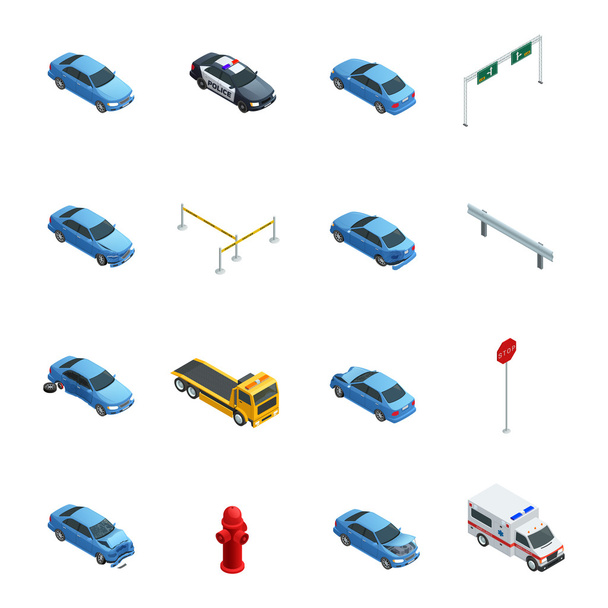 Conjunto de iconos isométricos de accidentes de coche
 - Vector, Imagen