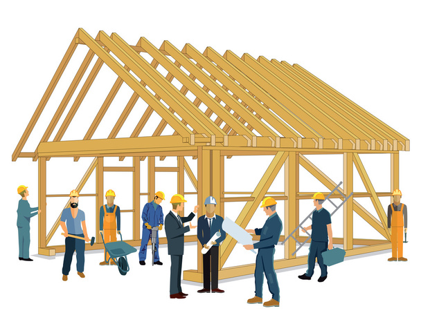 Строительство дома с плотником и мастерами
 - Вектор,изображение