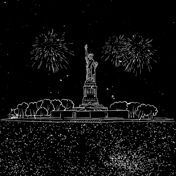 Socha svobody v noci s ohňostroj skica - Vektor, obrázek