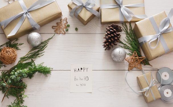 Wrapping presents background. Handmade making christmas gift in box - Zdjęcie, obraz
