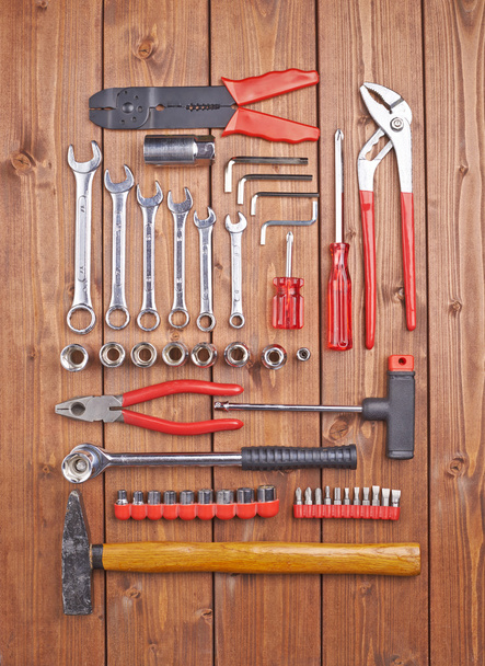 Set of different work tools on wooden surface - Fotoğraf, Görsel