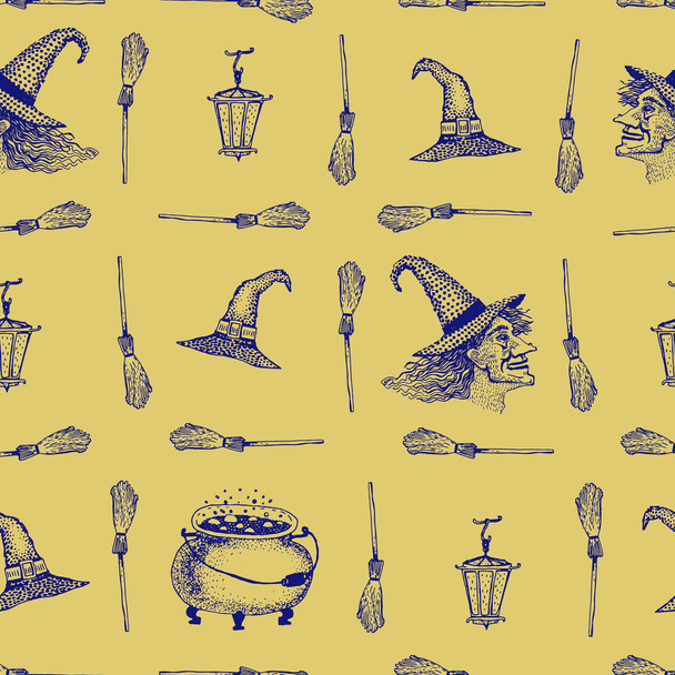 Vector seamless pattern for Halloween. Pumpkin, cauldron of potion, witch, items on Halloween theme. Bright cartoon pattern for Halloween - Vecteur, image