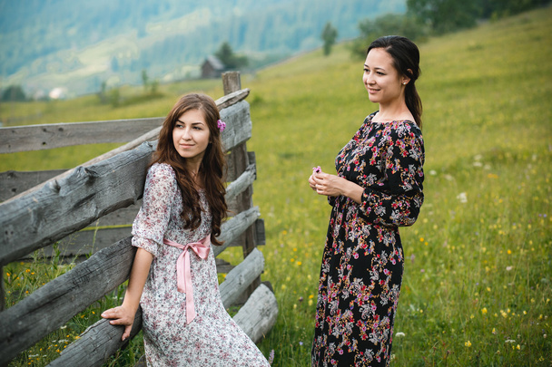 Girls girlfriend dresses rest on the nature in a beautiful mountain meadow - Фото, изображение