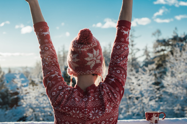 Alongamento da manhã, jovem despreocupada na varanda coberta de neve
 - Foto, Imagem