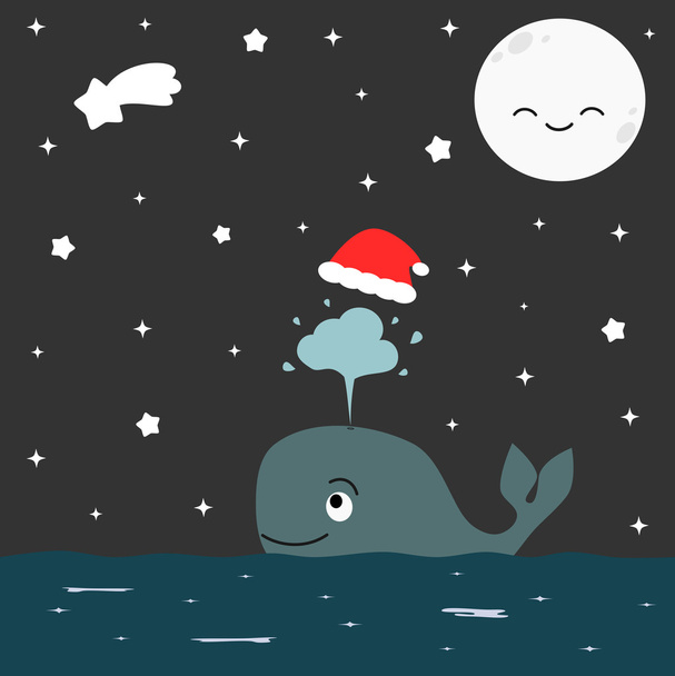 χαριτωμένο κινούμενα φάλαινα με Χριστουγεννιάτικο κόκκινο καπέλο στην εικόνα διάνυσμα έναστρη νύχτα - Διάνυσμα, εικόνα