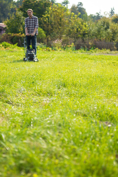 jonge man het gras maaien  - Foto, afbeelding