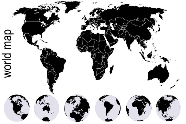 Mapa świata czarny zestaw ziemia globusy - Zdjęcie, obraz