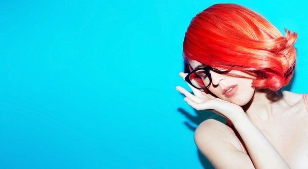 Sensual lady in elegant glasses. Retro style. Red  hair trend - Fotó, kép