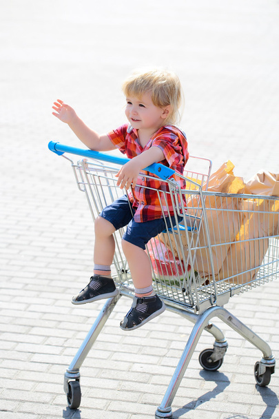 Cute boy in shopping trolley - Fotó, kép