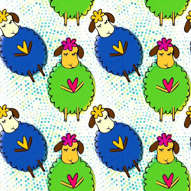 Doodle sheep seamless pattern with retro halftones. Kid's drawings style - Vector, Image