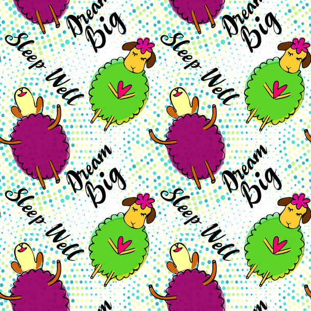 Doodle sheep seamless pattern with retro halftones. Kid's drawings style. "Dream big", "Sleep well"  - Vector, Image