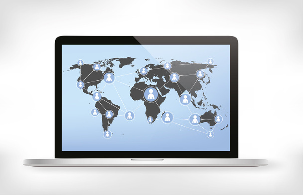 Mapa świata, koncepcji mediów społecznych na nowoczesny laptop - Wektor, obraz