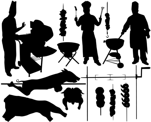 Barbecue (barbecue), chef, broche, porc, bœuf, brochette silhouettes vectorielles. Couché. Entièrement modifiable
 - Vecteur, image