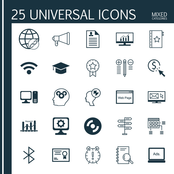 Készlet-ból 25 egyetemes ikonok-ra Bluetooth jelkép, alkalom, szikratávíró és több téma. Vektor ikon szett beleértve hirdetmény, lehetőség, döntéshozatal és más ikonok. - Vektor, kép