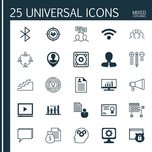 Set Of 25 univerzális ikonok a biztonság, kulcsszó optimalizálása, menedzser és több téma. Vektor ikon készlet, beleértve a tanterv életrajz, innováció, zene és egyéb ikonok. - Vektor, kép