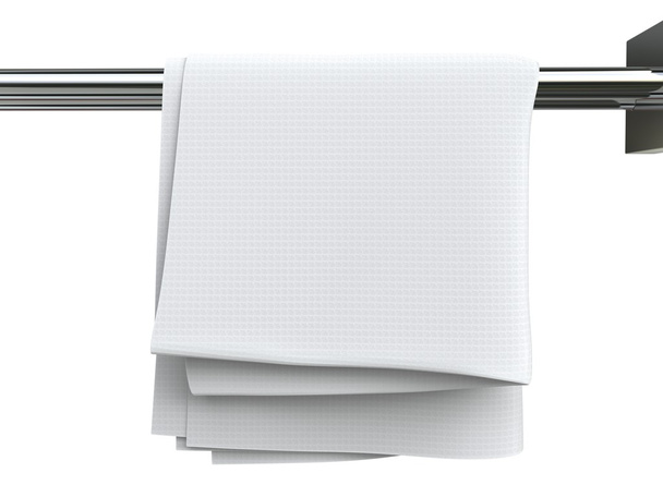 Paño limpio de algodón blanco colgado en un estante de tela
 - Foto, imagen