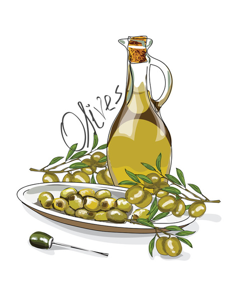 Illustration für das Buch. nahtloses Muster. ein Glas mit Olivenöl. die Zweige der Oliven. Postkarte mit Essen. Gastro-Postkarte - Vektor, Bild