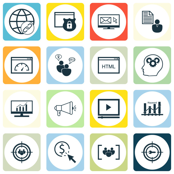 Set Of SEO, Marketing And Advertising Icons On Focus Group, Security, Brain Process And More. Includes Media Campaign, PPC, Newsletter And Other Vector Icons. - Vector, Image