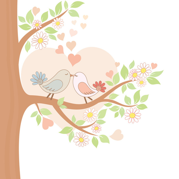 δύο πουλιά φιλιά στο δέντρο - Διάνυσμα, εικόνα