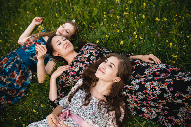 Girls girlfriend dresses rest on the nature in a beautiful mountain meadow - Valokuva, kuva