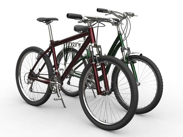 moderne Fahrräder - grüne und rote Metallic-Farben - verschiedene Modelle - Foto, Bild