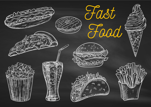 Fast food občerstvení a nápoje křídy skica ikony - Vektor, obrázek