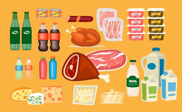 Set of Daily Food Products Vectors in Flat Design - Vector, afbeelding