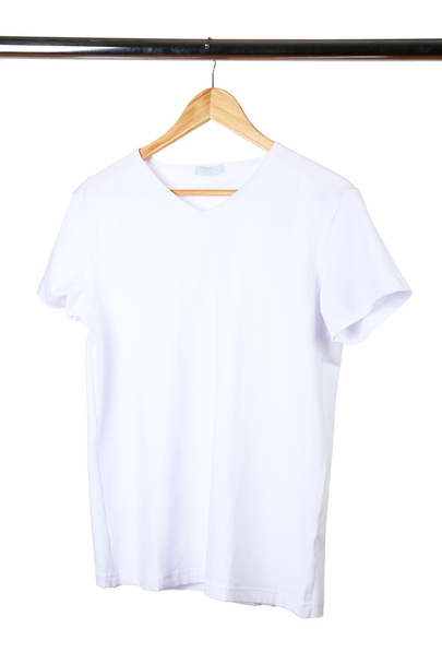 white t-shirt on hanger on white background - Zdjęcie, obraz