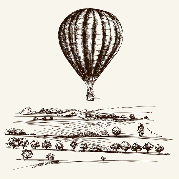 Hot air balloon over the field. Hand drawn illustration. - Vector, Image