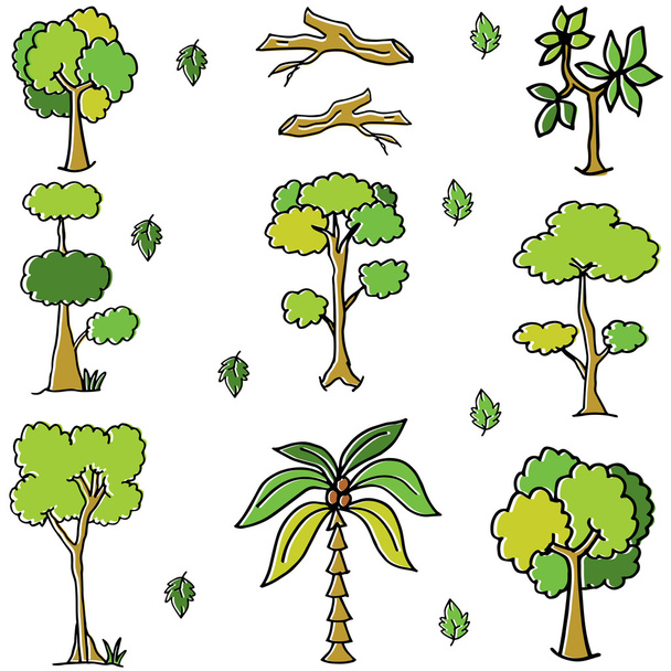 grüne Baum- und Blattkritzeleien - Vektor, Bild